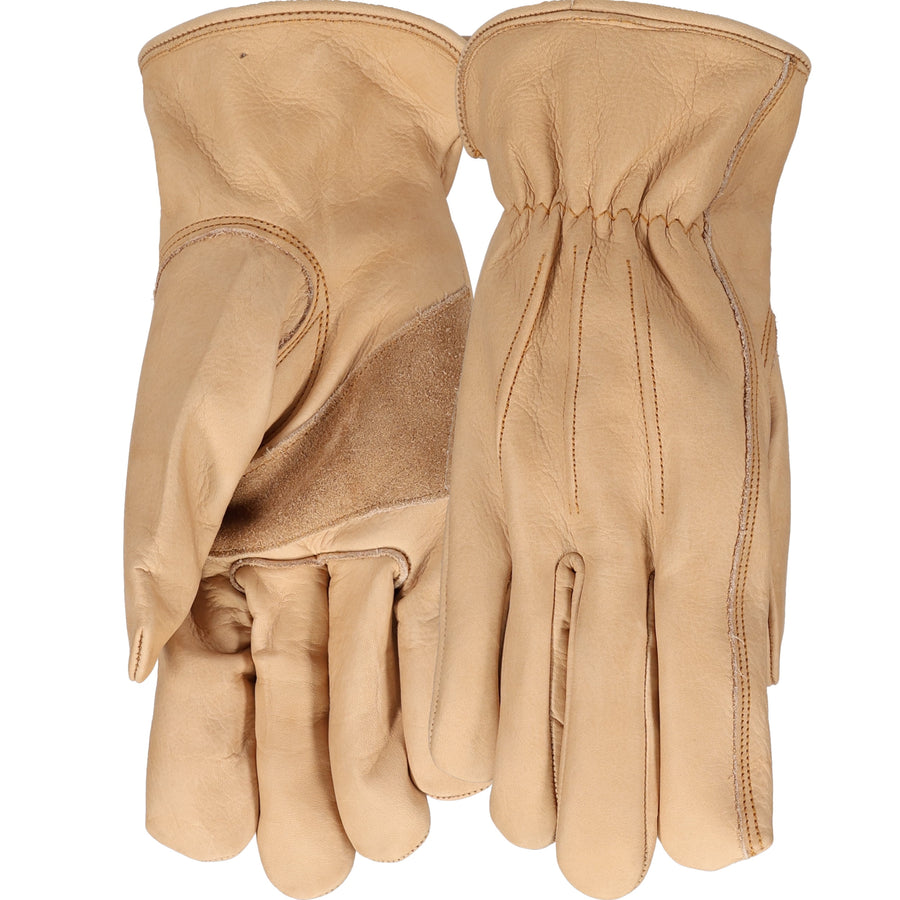 Pair of tan cowhide leather work gloves laid flat showing palms and backs