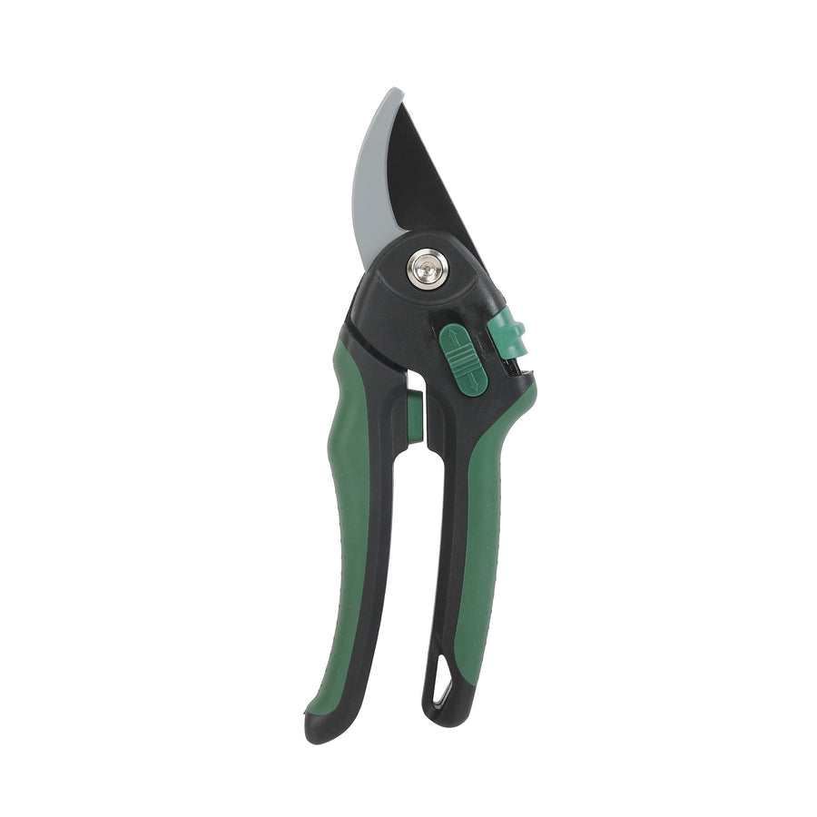 Green and black Expert Gardener bypass pruning shears on a white background, showing blades and ergonomic handles.