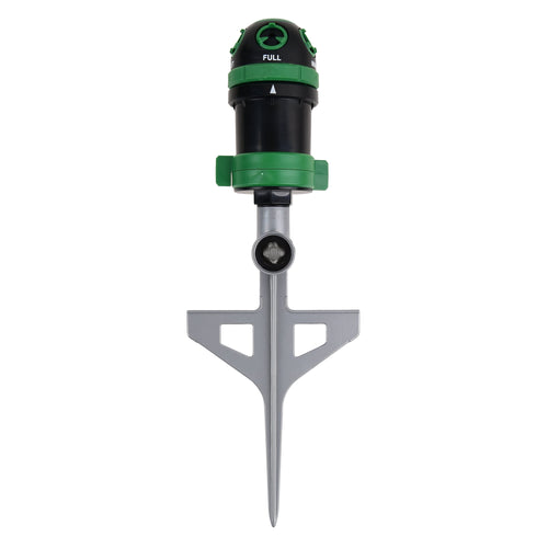 Green and black spike-mounted pulsating lawn sprinkler shown head-on on white background