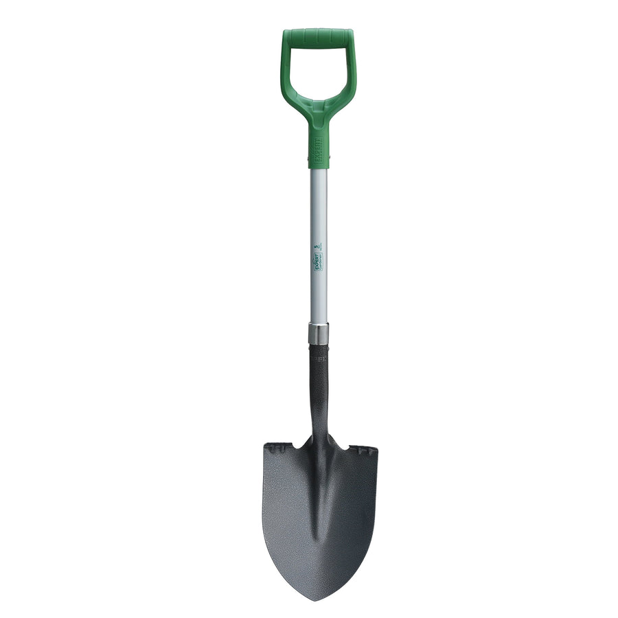 Full-length Expert Gardener digging shovel with green D-handle and metal blade on white background