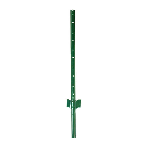 Green powder-coated steel U-post fence stake with anchor plate and spaced mounting holes on white background