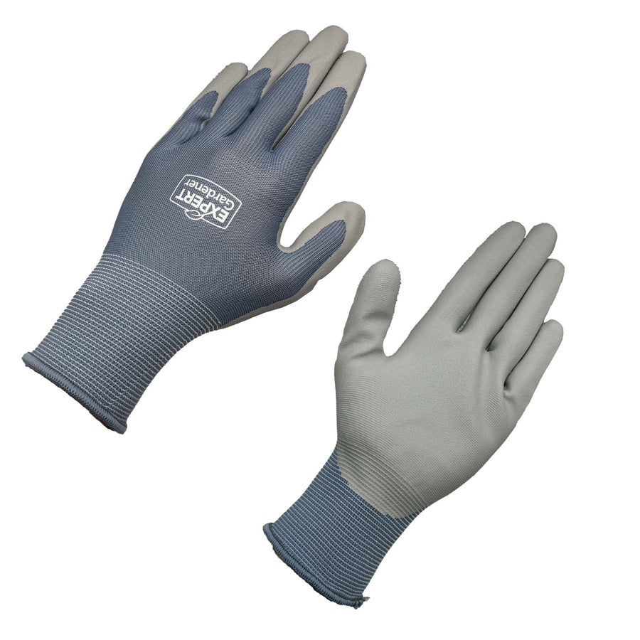 Pair of grey-blue Expert Gardener nitrile-coated gardening gloves laid flat showing palm and back