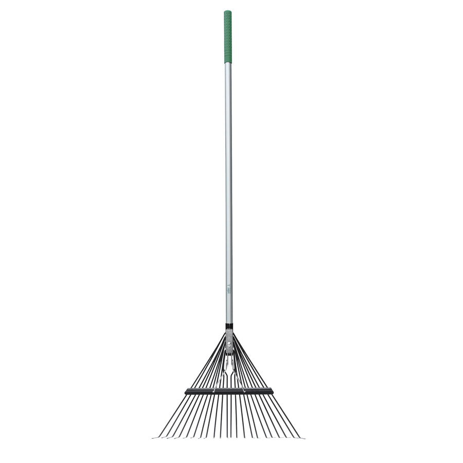 Full-length view of an Expert Gardener leaf rake with a long fiberglass handle and green grip on white background