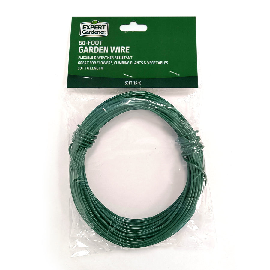 Packaged coil of green vinyl-coated garden wire with Expert Gardener header card and clear plastic bag