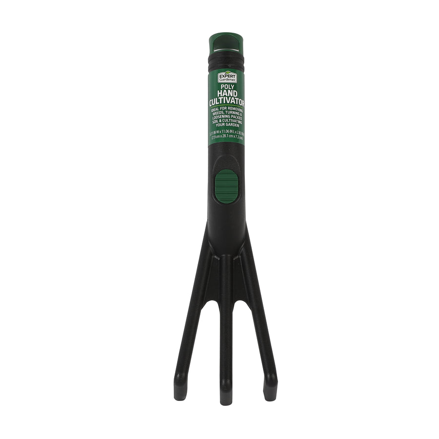Expert Gardener poly hand cultivator shown upright on white background, black tines and green-accent handle.