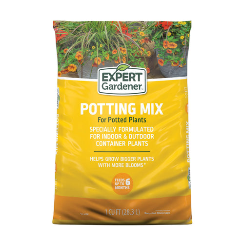 Front-facing bag of Expert Gardener potting mix with yellow packaging and floral photo at top