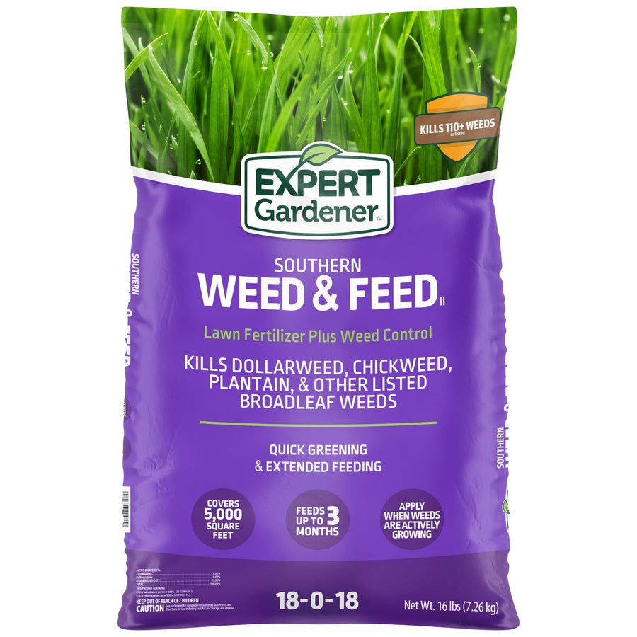 Front of Expert Gardener Southern Weed & Feed purple bag showing product name, grass image and N-P-K 18-0-18.