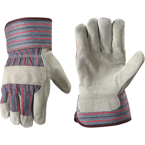 Pair of Expert Gardener striped-cuff split cowhide leather work gloves shown palms and back