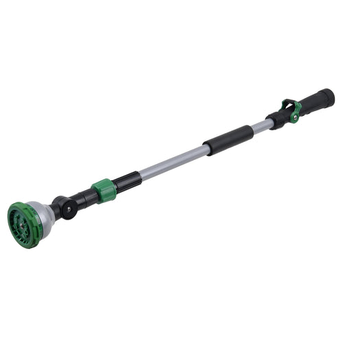 Silver telescoping watering wand with green multi-pattern nozzle and black grip, shown diagonally on white background.