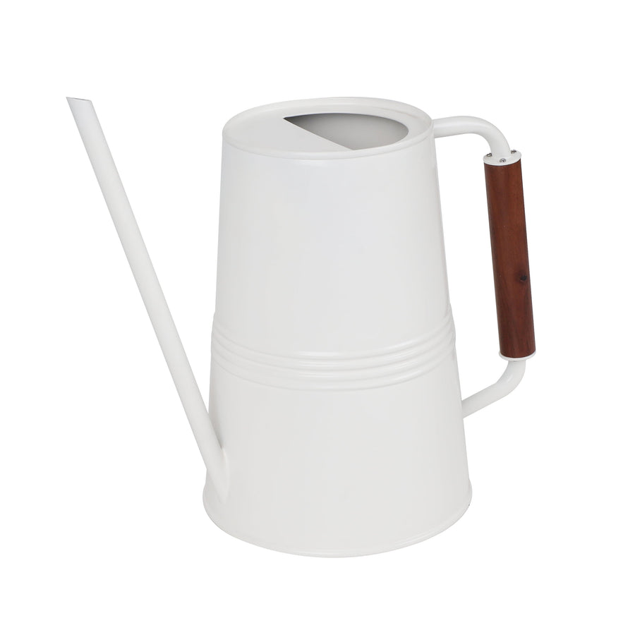 Expert Gardener white metal watering can with long slender spout and wooden-wrapped handle, three-quarter view