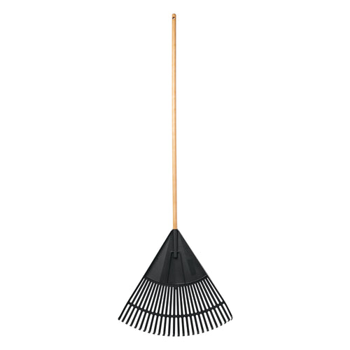 Full-length Expert Gardener leaf rake with wooden handle and black fan-shaped poly tines on white background