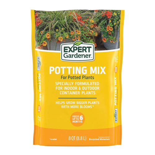 Yellow Expert Gardener potting mix bag front with logo, product name and photo of flowering potted plants