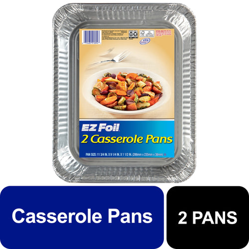 EZ Foil branded foil casserole pan pack with label showing a bowl of vegetables and '2 Casserole Pans' text