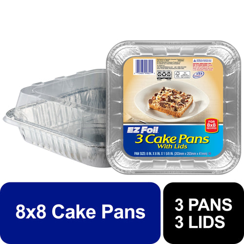 EZ Foil labeled pack of three square aluminum cake pans with clear plastic lids, front product label visible