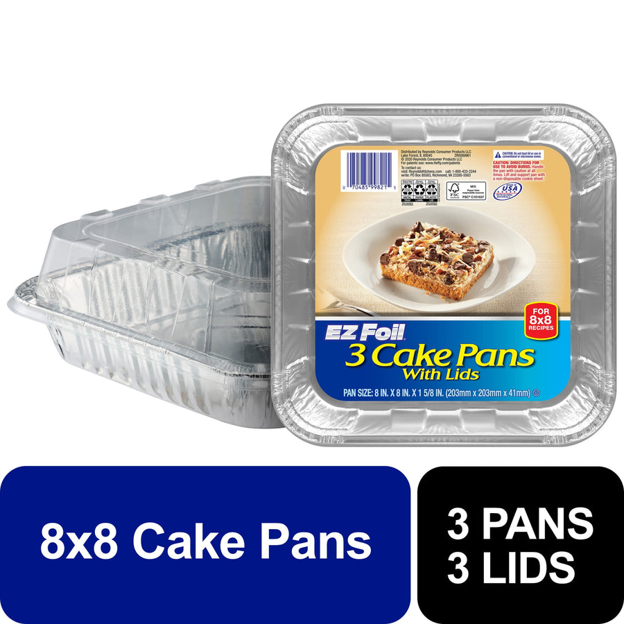 EZ Foil labeled pack of three square aluminum cake pans with clear plastic lids, front product label visible
