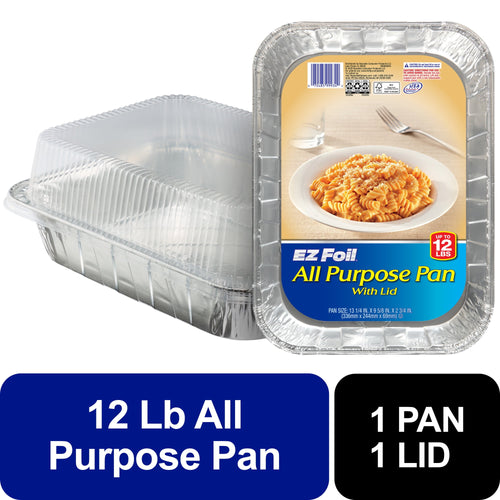 EZ Foil disposable rectangular aluminum pan with clear plastic lid and retail label showing pasta image