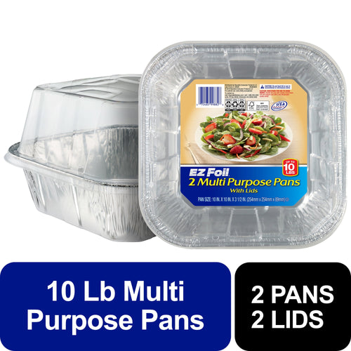 Stacked disposable aluminum roasting pans with clear plastic lids, labeled EZ Foil multi purpose pans