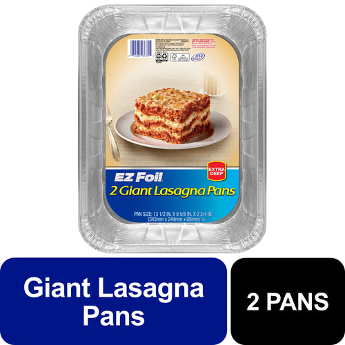 Disposable EZ Foil lasagna pan package showing label with lasagna photo and product name
