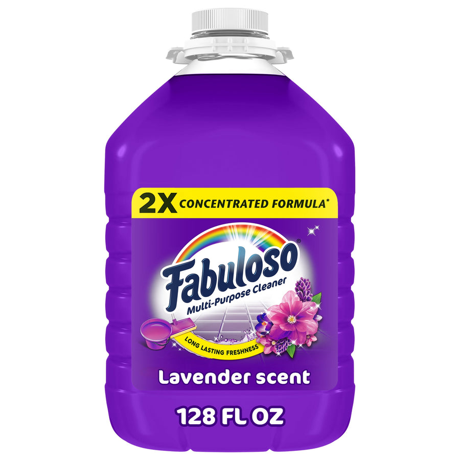 Large purple jug of Fabuloso 2X multi-purpose cleaner with lavender label and 128 fl oz text