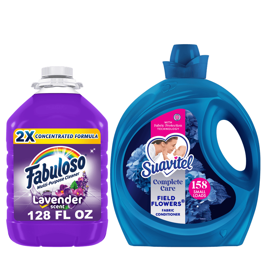 Side-by-side product shot of a purple Fabuloso multi-purpose cleaner jug and a blue Suavitel Complete Care fabric conditioner bottle