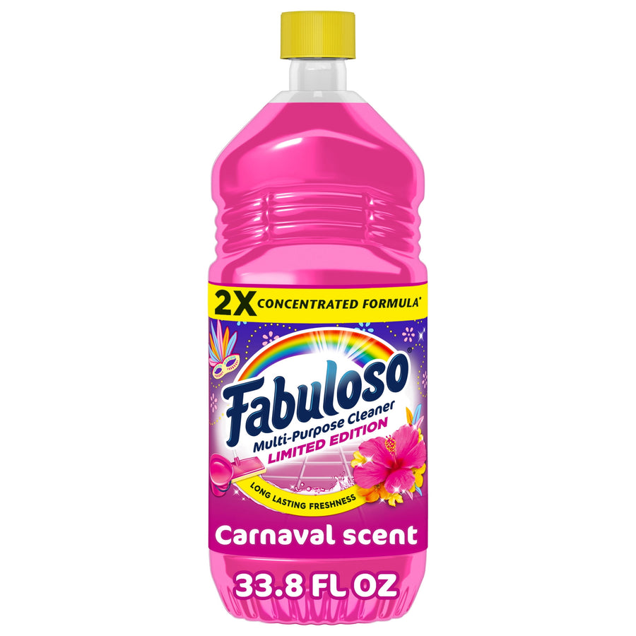 Bright pink Fabuloso Carnaval limited edition bottle with yellow cap and bold label showing 2X concentrated formula.