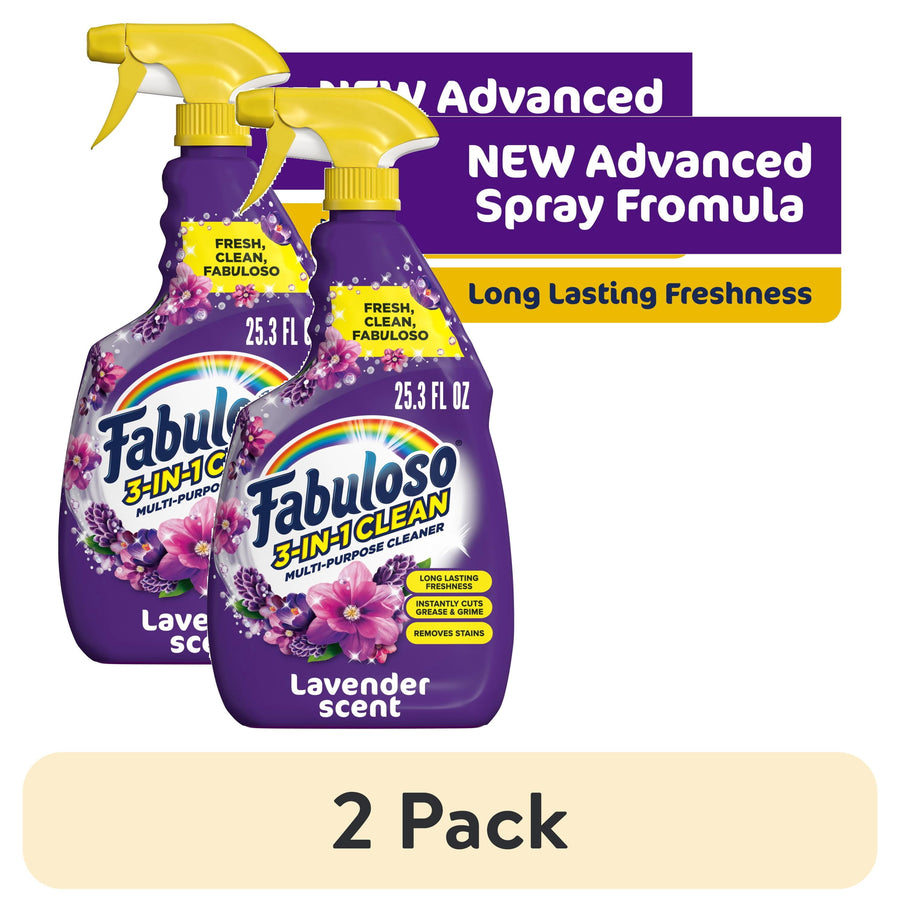 Two Fabuloso lavender-scent multi-purpose spray bottles with purple label and yellow trigger, two-pack graphic