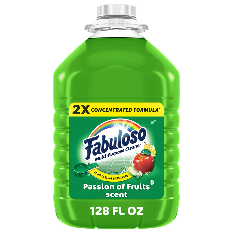 Large green jug of Fabuloso multi-purpose cleaner with Passion of Fruits label and 128 FL OZ text