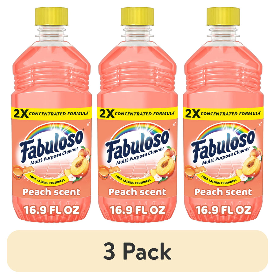 Three peach‑scent Fabuloso 2X concentrated cleaner bottles arranged side-by-side with a '3 Pack' label beneath.
