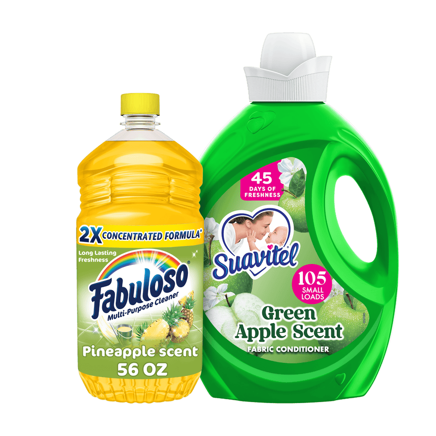 Side-by-side bottles: yellow Fabuloso pineapple cleaner and green Suavitel green apple fabric conditioner on white