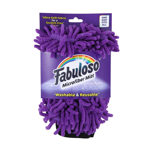 purple microfiber cleaning mitt in fabuloso retail packaging
