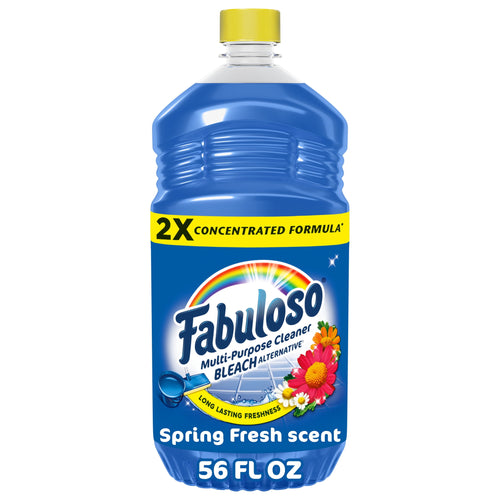 Blue Fabuloso 2X concentrated multi-purpose cleaner bottle with yellow cap and spring fresh label, 56 fl oz branding visible