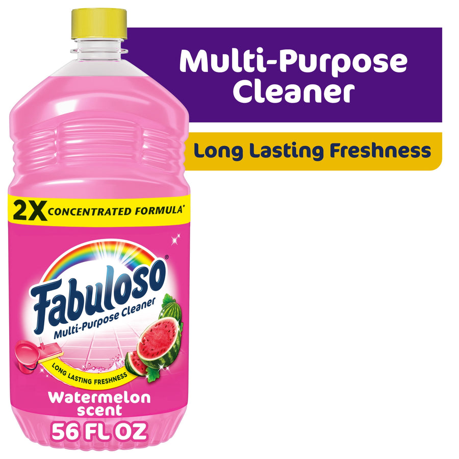 Pink Fabuloso multi-purpose cleaner bottle with watermelon label and 2X concentrated formula banner