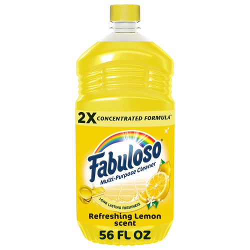 Tall yellow Fabuloso concentrated multi-purpose cleaner bottle with lemon label and 56 fl oz text on white background.