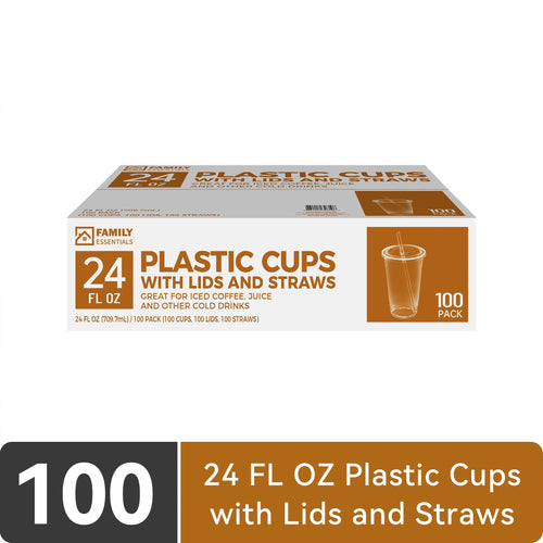 White and brown Family Essentials cardboard box labeled 24 fl oz plastic cups with lids and straws, 100 pack packaging