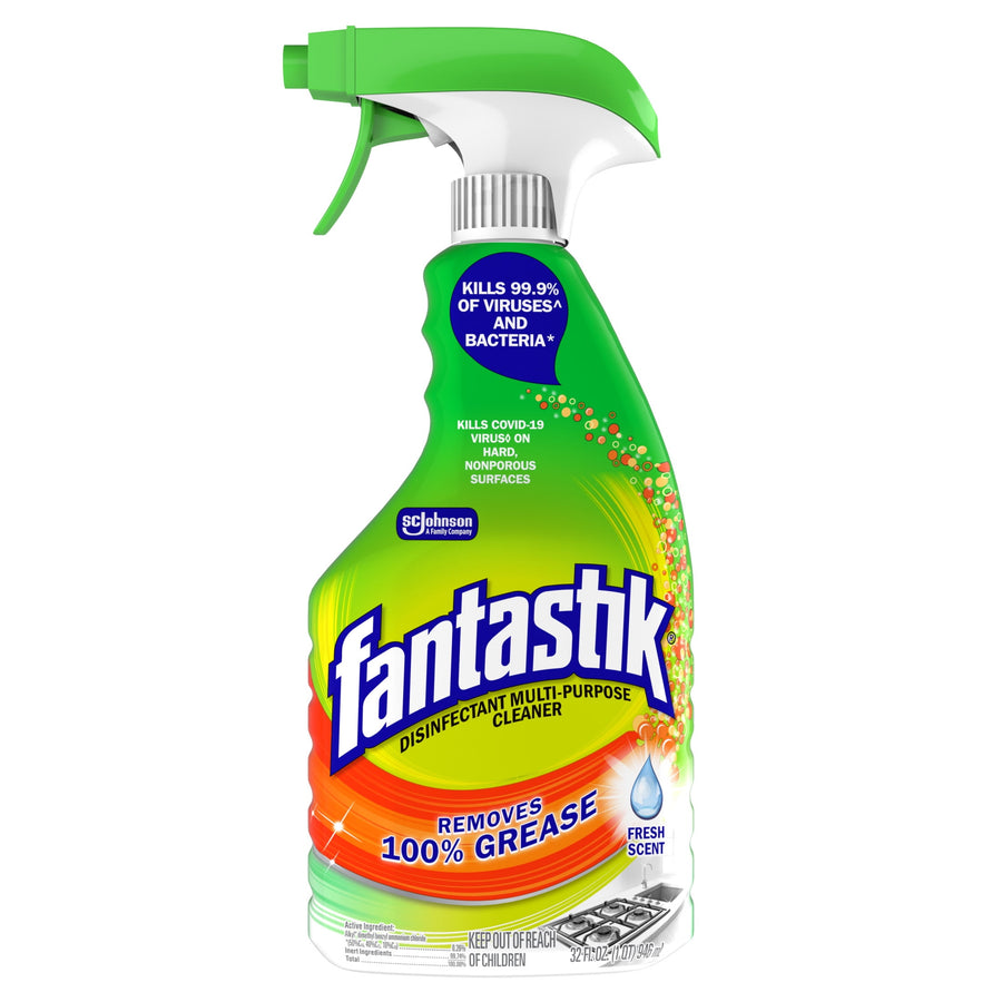 Front view of a Fantastik disinfectant multi-purpose cleaner spray bottle with green top and colorful label