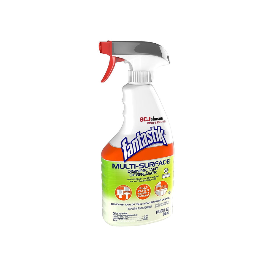 Fantastik multi-surface disinfectant degreaser spray bottle with green and orange label and red trigger