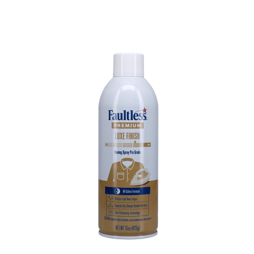 Faultless Luxe Finish ironing spray can with white cap and gold label on white background