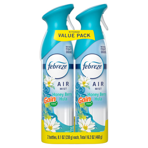 Two-pack Febreze Air Mist Honey Berry Hula with Gain scent in a value pack, twin aerosol bottles with teal caps and floral graphics