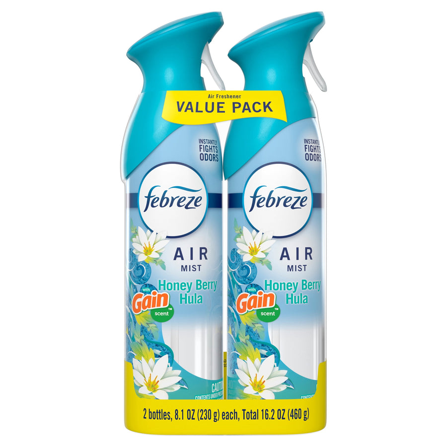 Two-pack Febreze Air Mist Honey Berry Hula with Gain scent in a value pack, twin aerosol bottles with teal caps and floral graphics