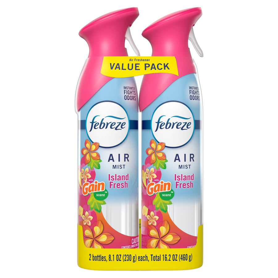 Two Febreze Air Mist bottles with pink spray tops labeled "Island Fresh" with Gain scent and a yellow "Value Pack" banner.