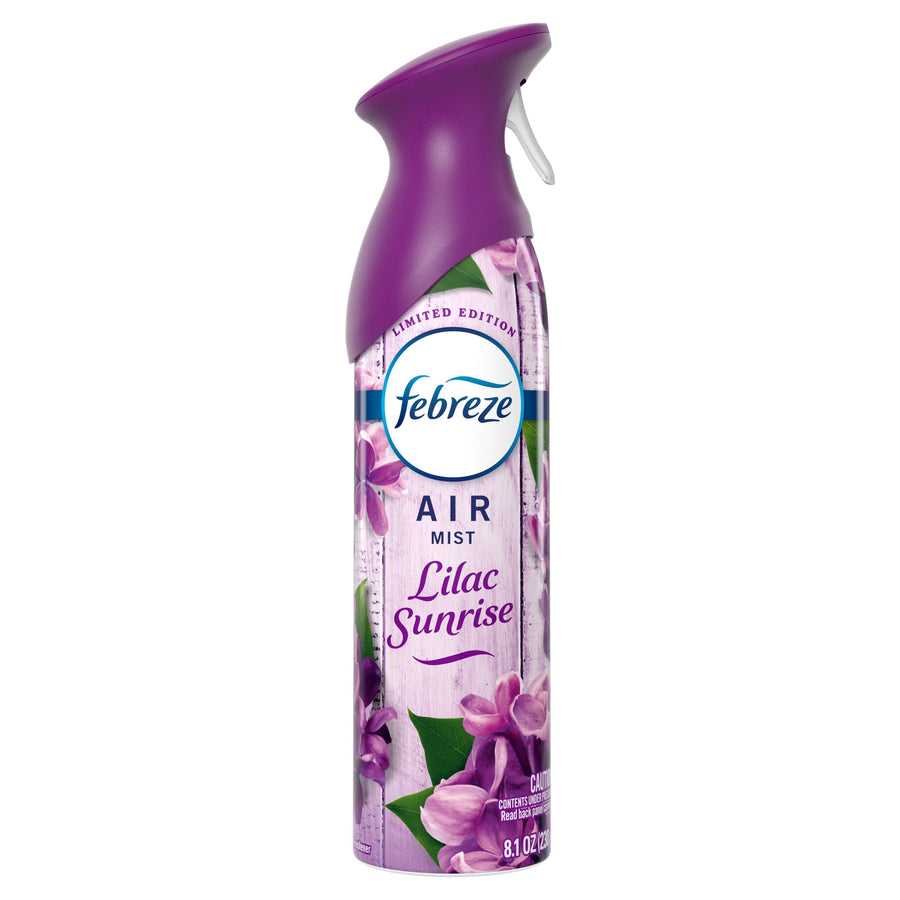 Single Febreze Air Mist spray can labeled Lilac Sunrise with purple cap and floral label on a white background