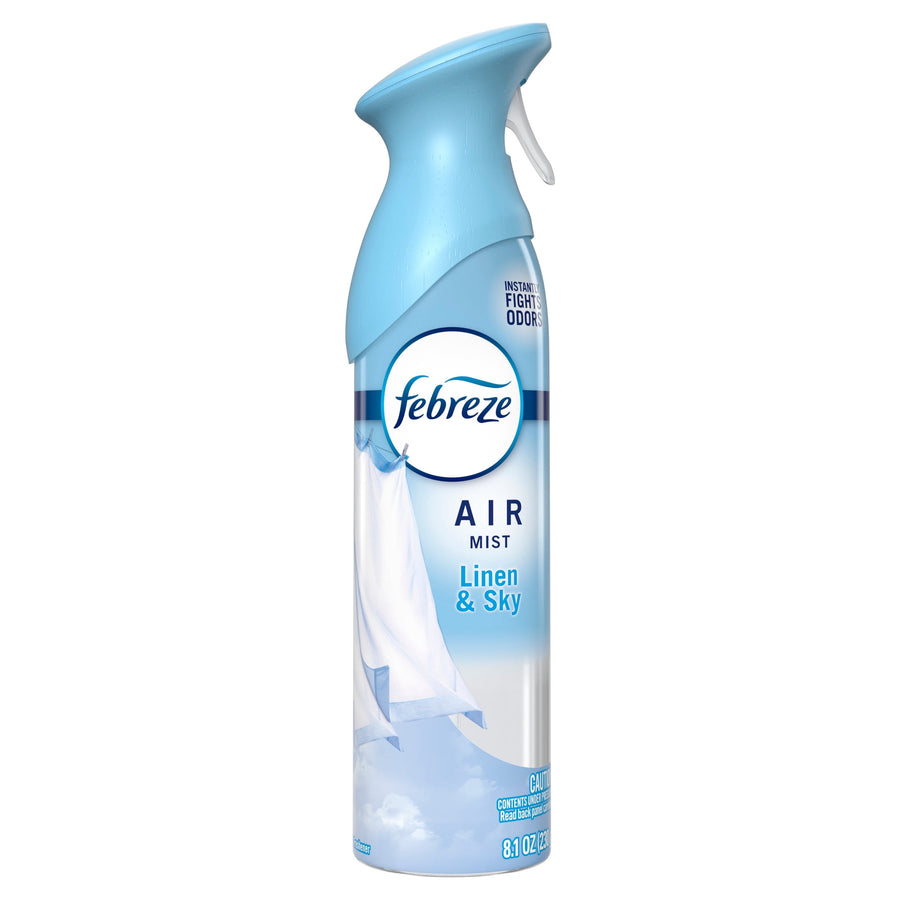 Single Febreze Air Mist spray can in Linen & Sky scent with light blue cap and fabric graphic on label