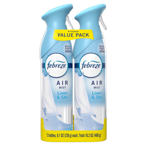 Two Febreze Air Mist Linen & Sky spray cans packaged together with a yellow “Value Pack” label