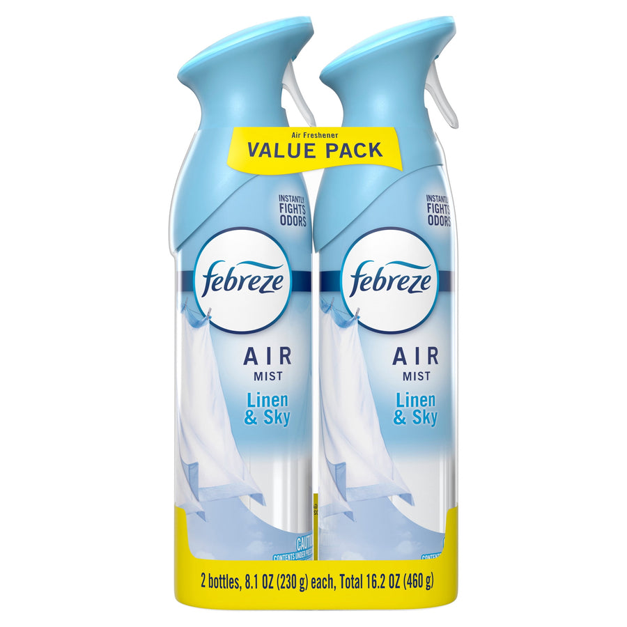 Two Febreze Air Mist Linen & Sky spray cans packaged together with a yellow “Value Pack” label
