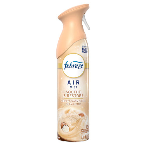 Tall Febreze Air Mist spray can in beige packaging labeled Soothe & Restore, whipped warm sugar