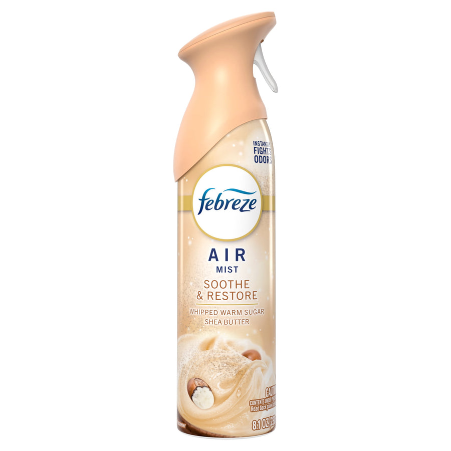 Tall Febreze Air Mist spray can in beige packaging labeled Soothe & Restore, whipped warm sugar