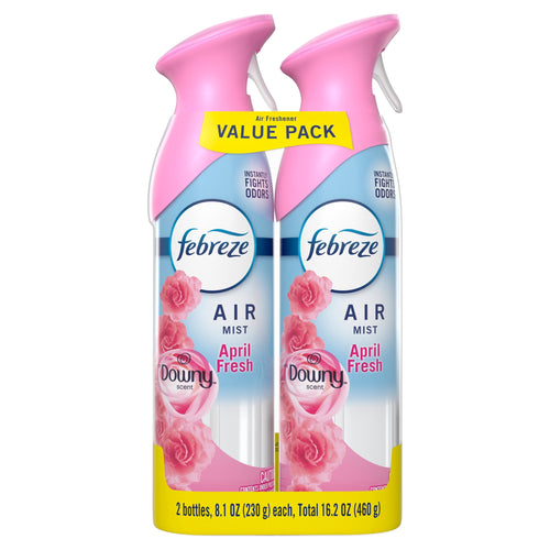 Two Febreze Air Mist cans in a pink-themed value pack labeled April Fresh with Downy scent imagery