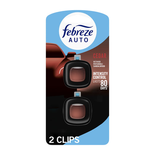Febreze Auto cedar car vent clip packaging showing two black square vent freshener clips on branded card