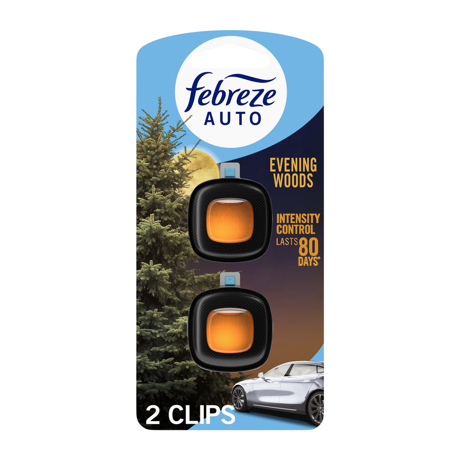 Febreze Auto Evening Woods twin clip package showing two black vent clips with amber scent wells and evening woods artwork