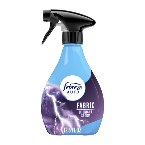 Single Febreze Auto Fabric spray bottle in Midnight Storm scent showing lightning label and black spray trigger
